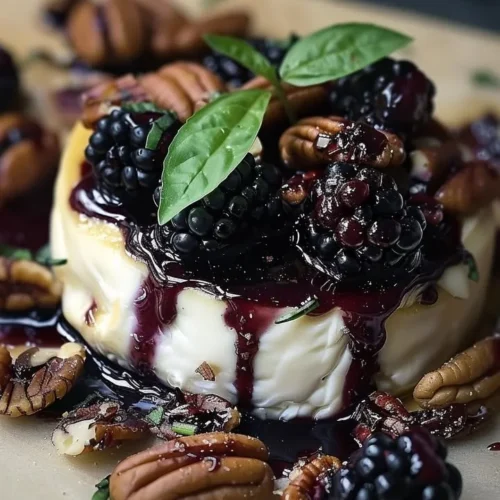 Balsamic glazed brie topped with blackberries, basil, and candied pecans.