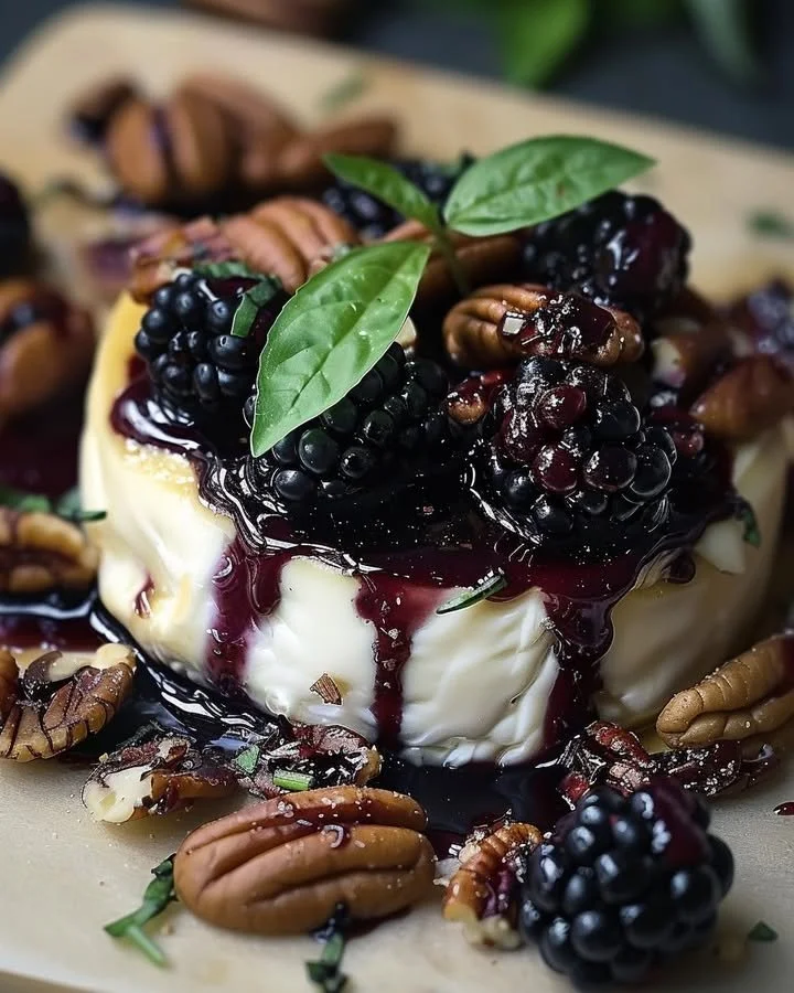 Balsamic glazed brie topped with blackberries, basil, and candied pecans.
