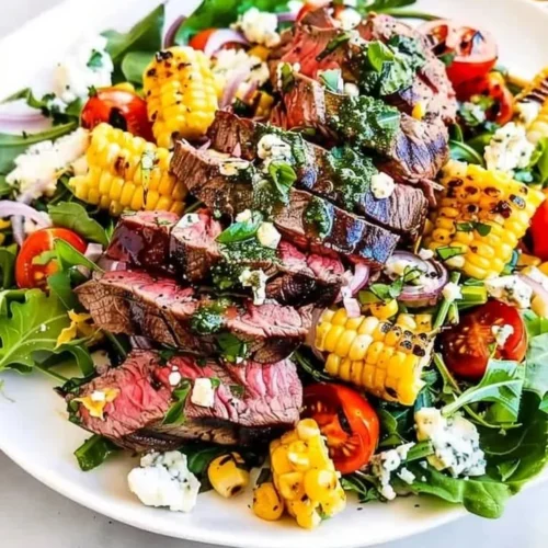 Balsamic Steak Gorgonzola Salad topped with grilled corn on a vibrant plate