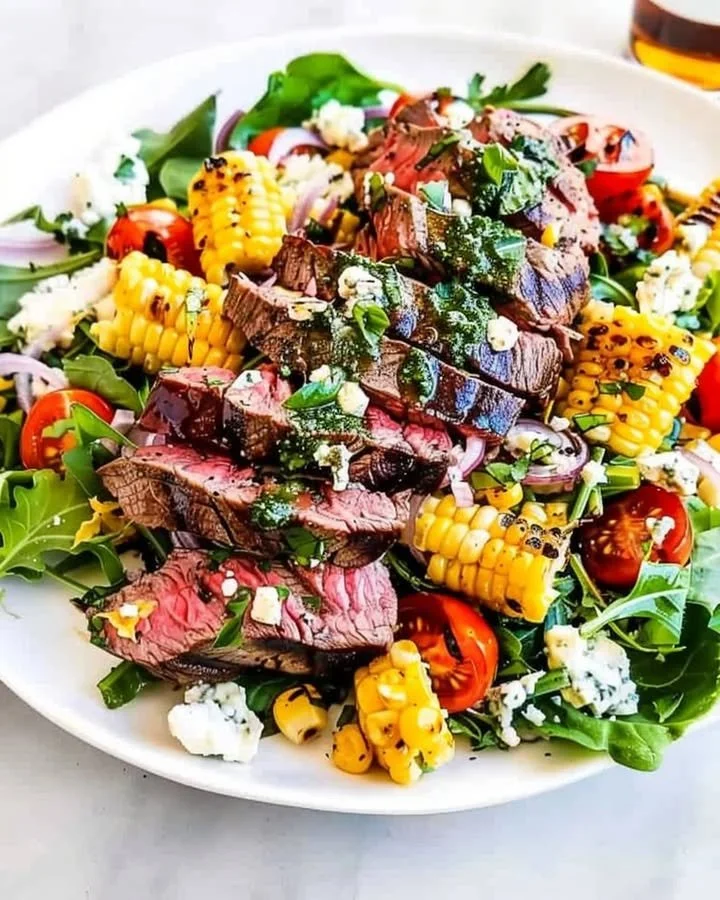 Balsamic steak salad topped with gorgonzola and grilled corn on a plate.