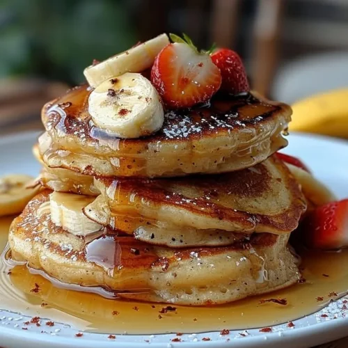 Plate of fluffy banana pancakes topped with fresh banana slices and syrup