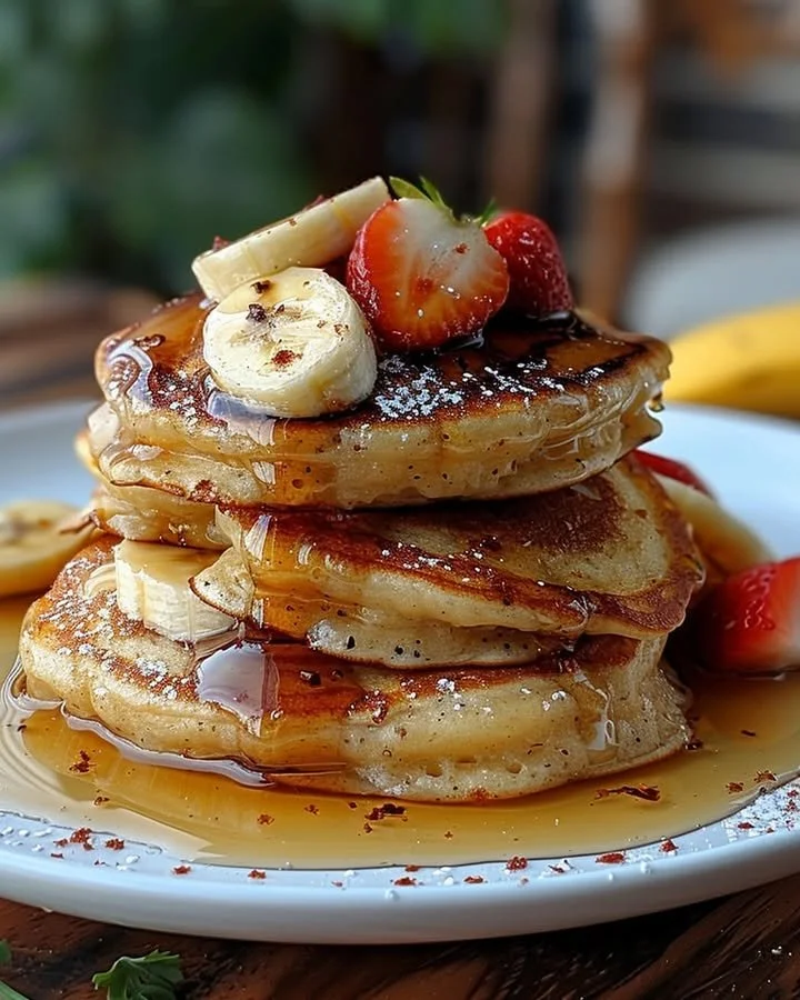Plate of fluffy banana pancakes topped with fresh banana slices and syrup