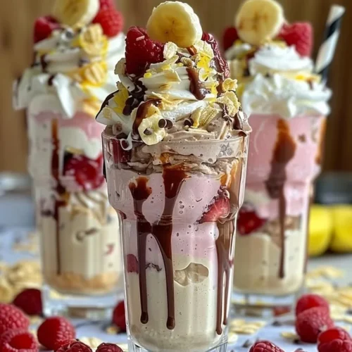 Banana Split Milkshake topped with whipped cream and cherries
