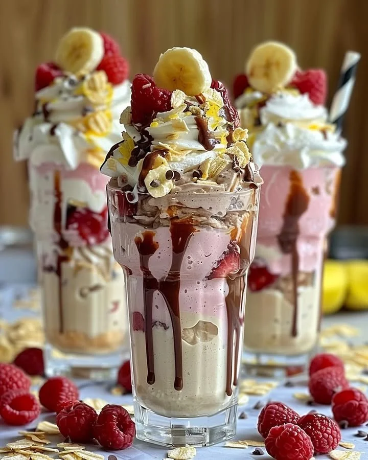 Banana Split Milkshake topped with whipped cream and cherries