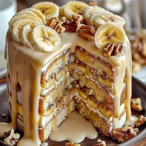 Slice of Banana Walnut Dream Cake topped with walnuts and frosting