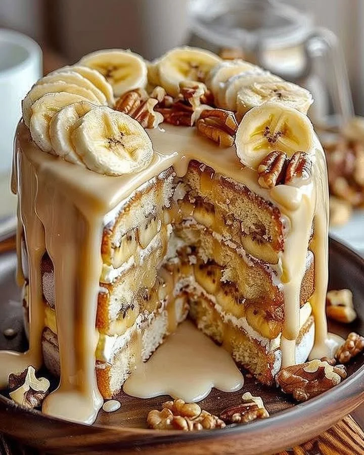 Slice of Banana Walnut Dream Cake topped with walnuts and frosting