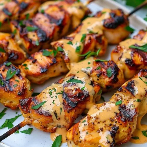 Delicious Bang Bang Chicken Kebabs served on a platter with dipping sauce