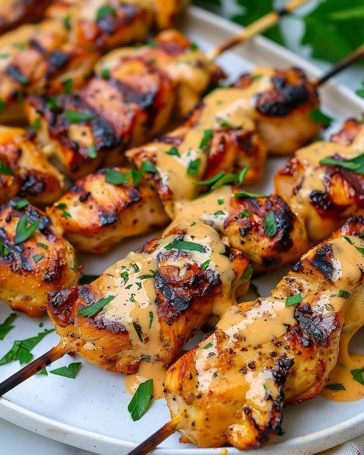 Delicious Bang Bang Chicken Kebabs served on a platter with dipping sauce