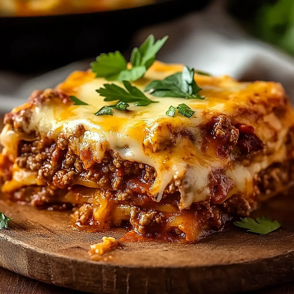 Delicious beef enchilada casserole topped with cheese and garnished with cilantro