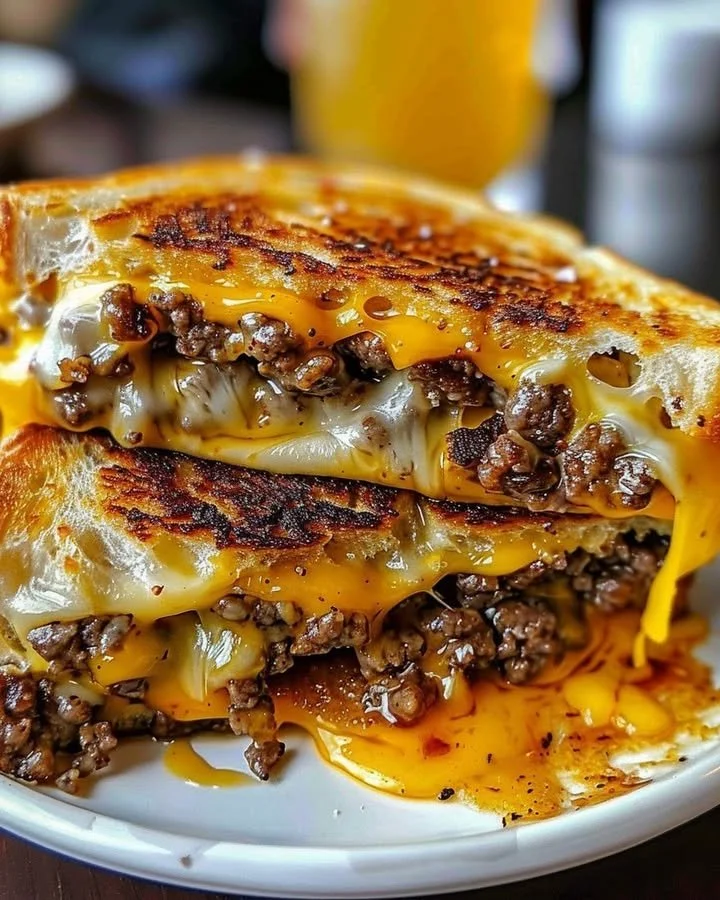 Delicious beef grilled cheese sandwich with gooey cheese and tender beef.