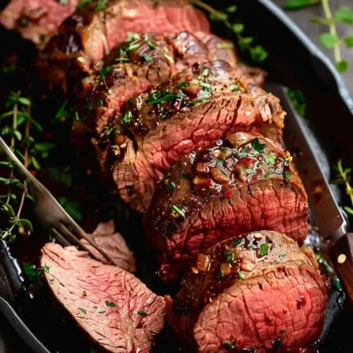 Juicy beef tenderloin plated with savory pan sauce, garnished elegantly.