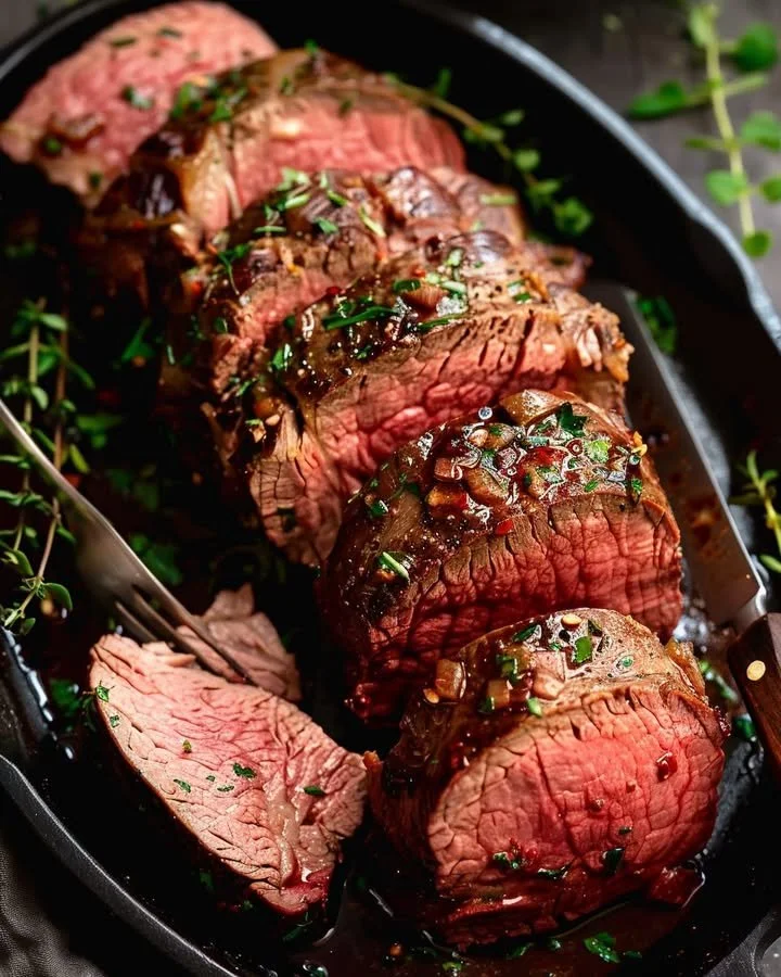 Juicy beef tenderloin plated with savory pan sauce, garnished elegantly.