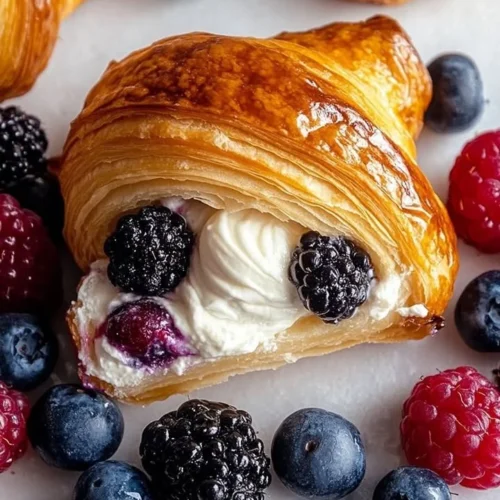 Freshly baked berries and cream filled croissants on a plate