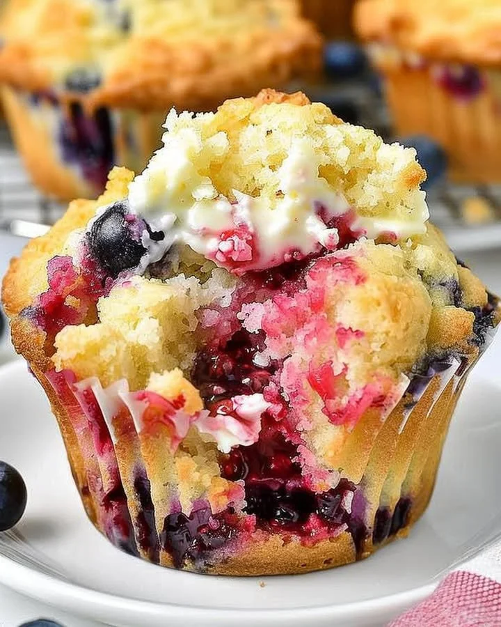 Freshly baked Berry Cream Cheese Muffins on a cooling rack