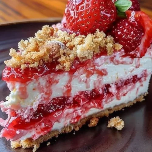 Berrylicious Strawberry Crunch Cheesecake topped with fresh strawberries and crunchy topping