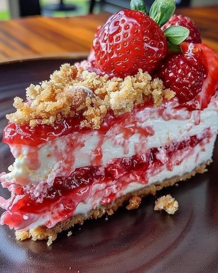 Berrylicious Strawberry Crunch Cheesecake topped with fresh strawberries and crunchy topping