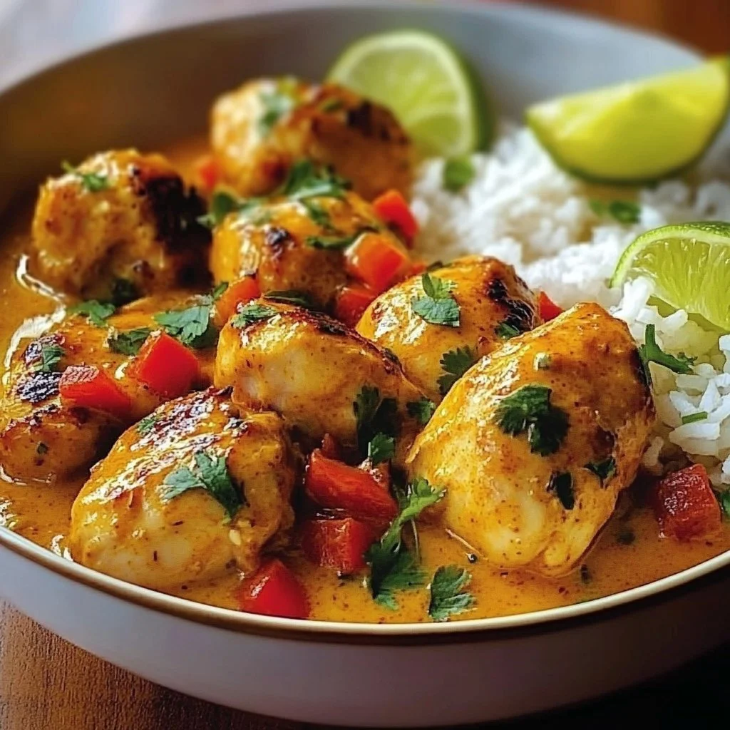 Plate of Brazilian Coconut Chicken garnished with fresh herbs and served with rice