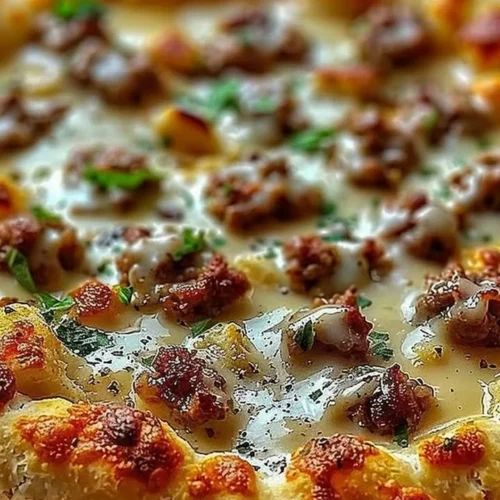 Biscuits and sausage gravy breakfast pizza with toppings served on a wooden board