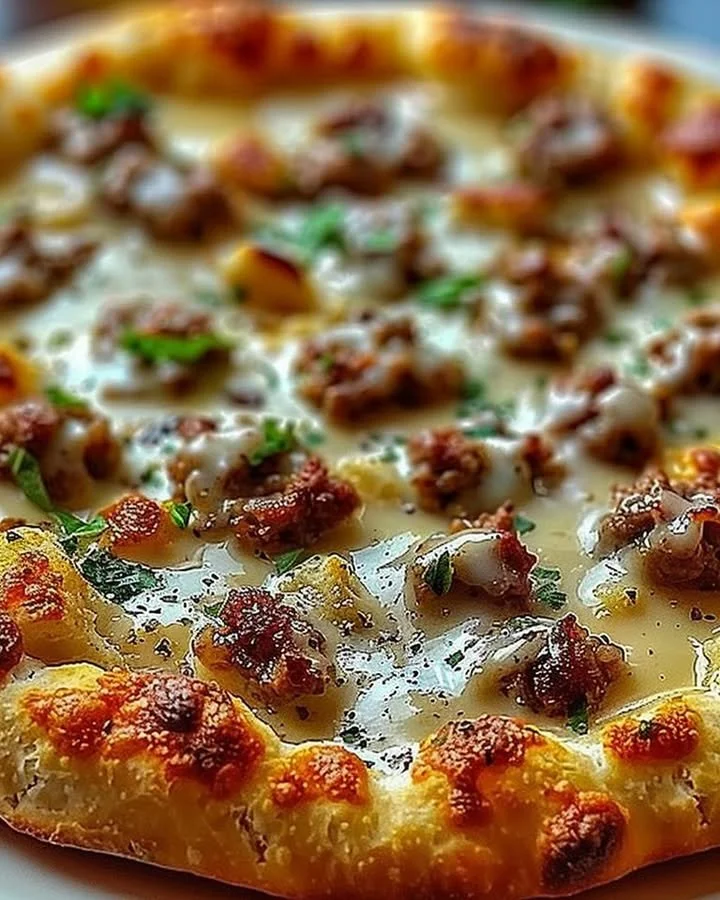 Biscuits and sausage gravy breakfast pizza with toppings served on a wooden board