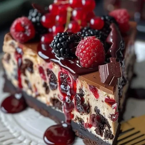Slice of Black Forest Cheesecake Symphony with cherries and chocolate decoration