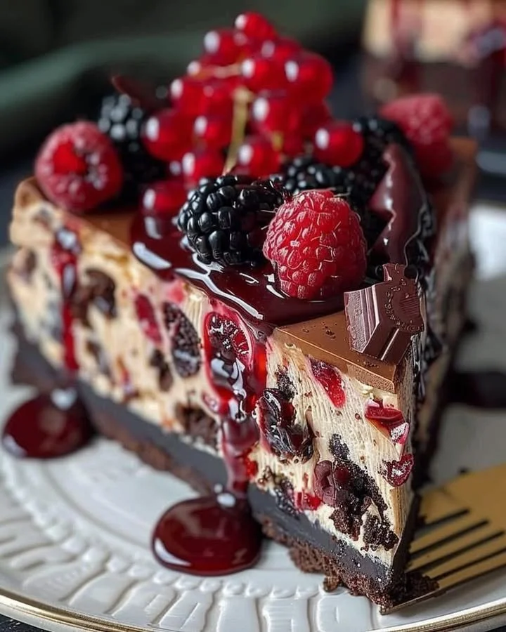 Slice of Black Forest Cheesecake Symphony with cherries and chocolate decoration