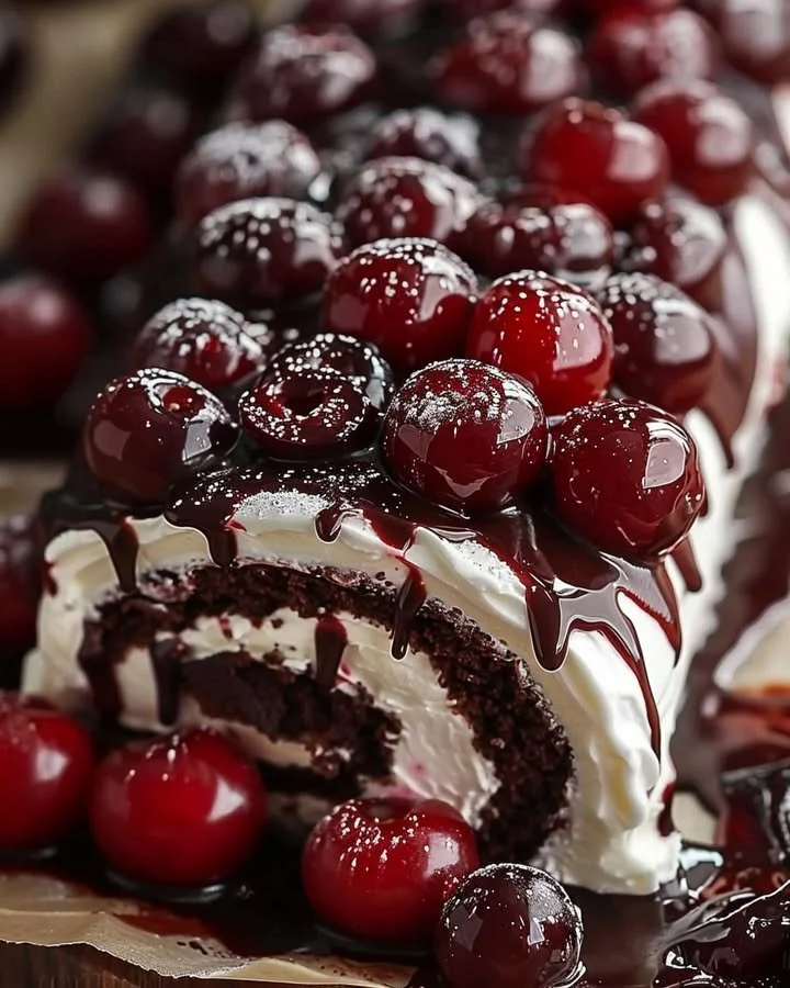 Delicious Black Forest Swiss Roll with cherries and cream on a plate