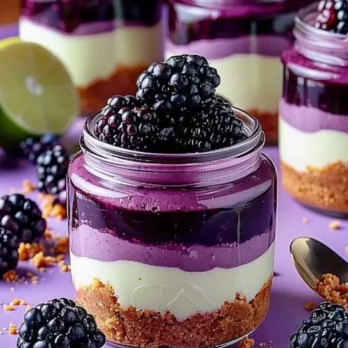 Blackberry lime cheesecake jars featuring creamy layers and fresh fruit