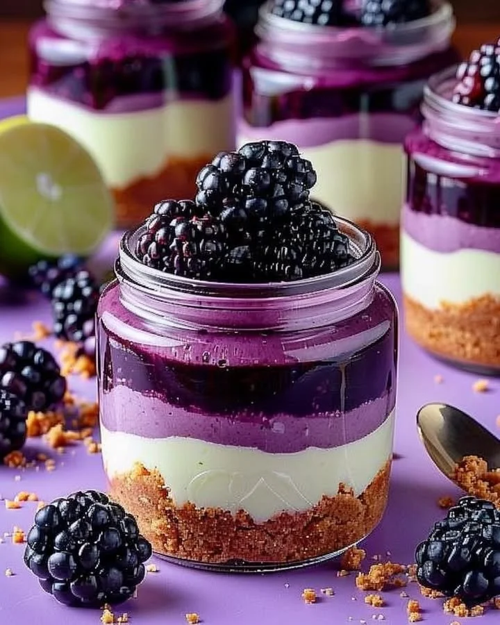 Blackberry lime cheesecake jars featuring creamy layers and fresh fruit