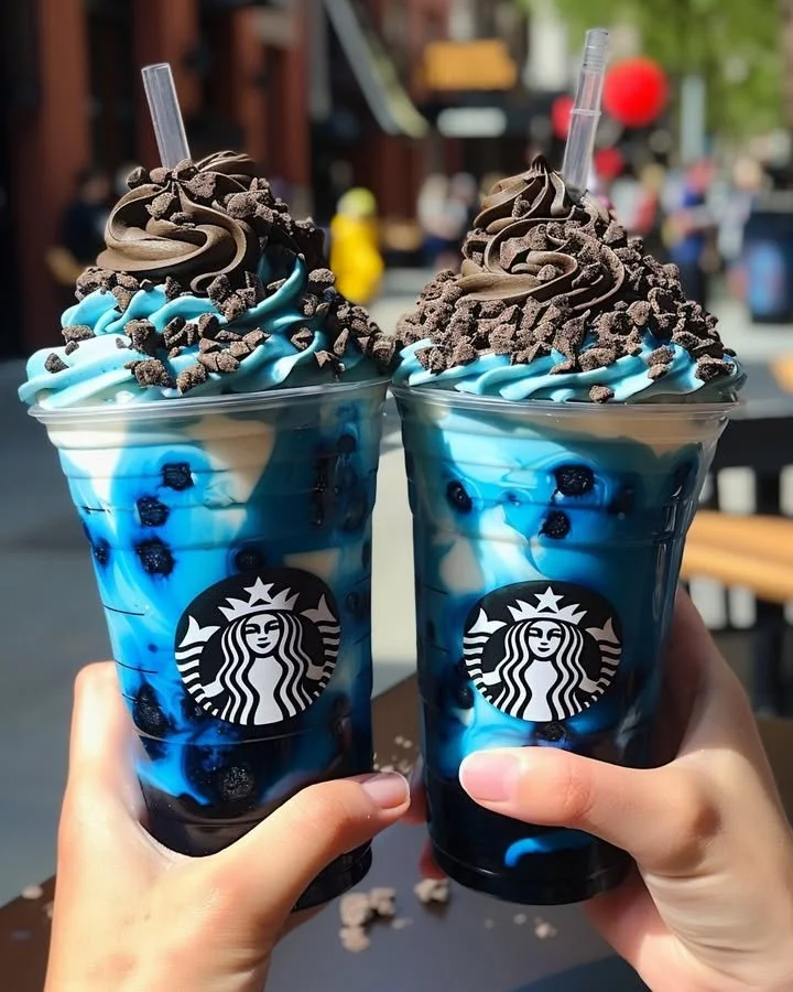 Blue Cookies & Cream Dip Frappuccinos garnished with whipped cream