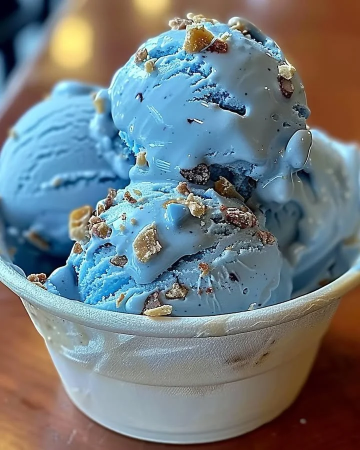A bowl of Blue Moon Ice Cream topped with sprinkles and cherries