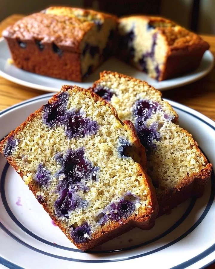 Freshly baked blueberry banana bread with ripe bananas and blueberries