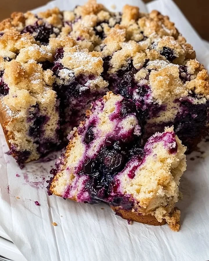 Blueberry brioche crumb cake topped with fresh blueberries and crumbs.