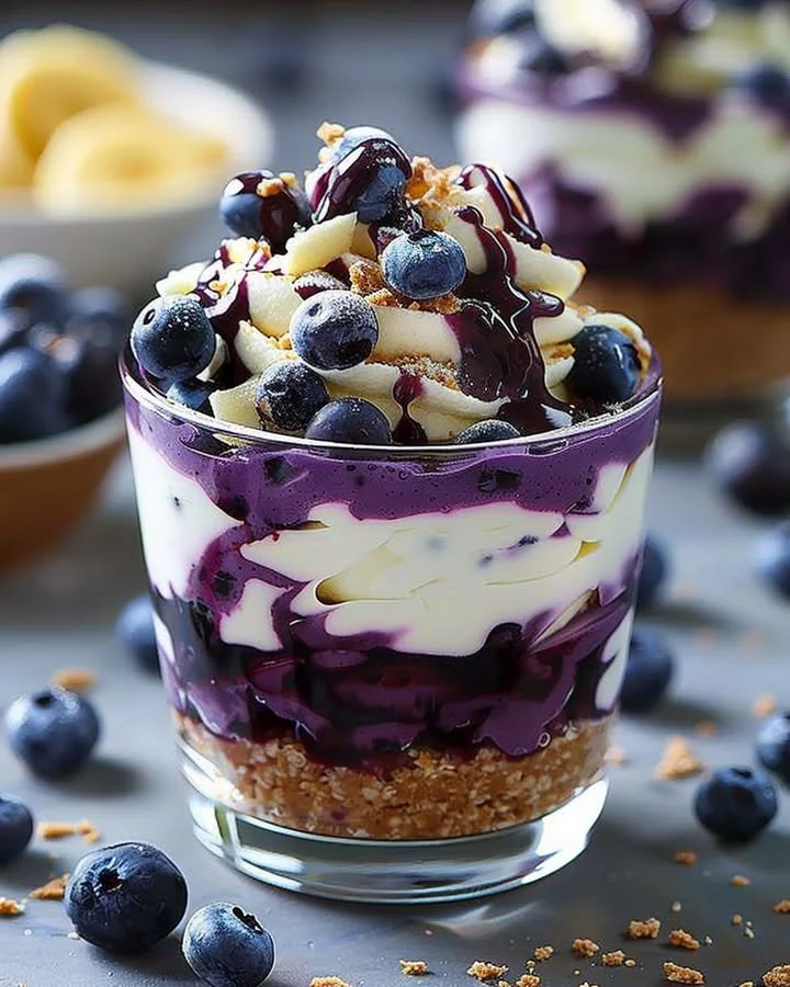Delicious blueberry cheesecake parfait layered with fresh blueberries and creamy cheesecake