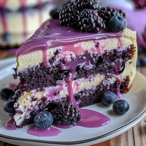 Deliciously layered Blueberry Cream Cake with fresh blueberries and creamy frosting