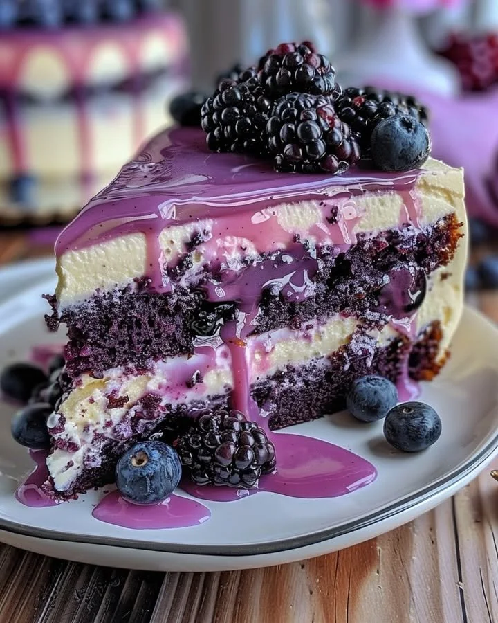 Deliciously layered Blueberry Cream Cake with fresh blueberries and creamy frosting