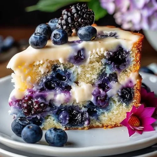 Delicious blueberry cream cheese coffee cake with fresh blueberries and cream cheese icing
