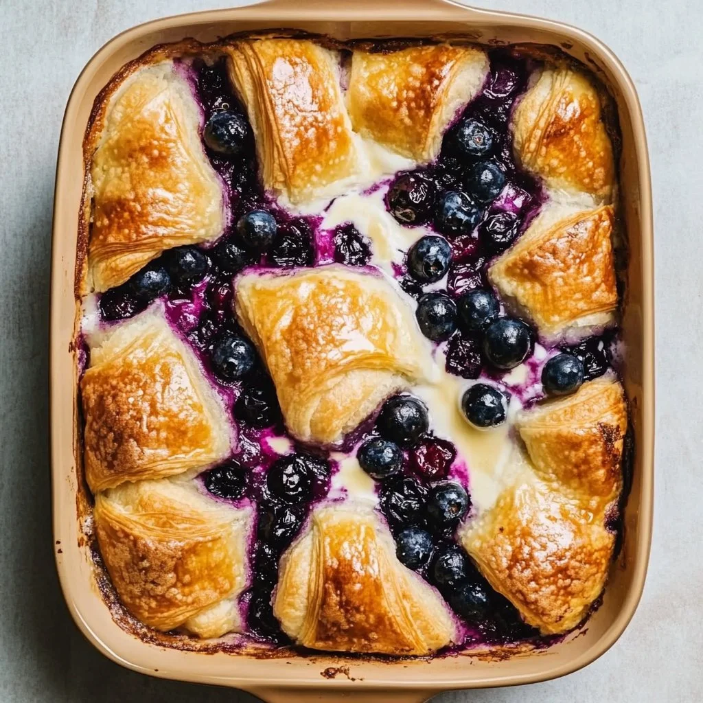 Blueberry cream cheese croissant casserole fresh out of the oven