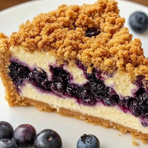 Blueberry crumble cheesecake with fresh blueberries and a crunchy topping