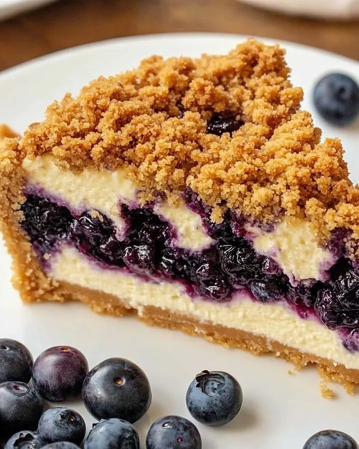Blueberry crumble cheesecake with fresh blueberries and a crunchy topping