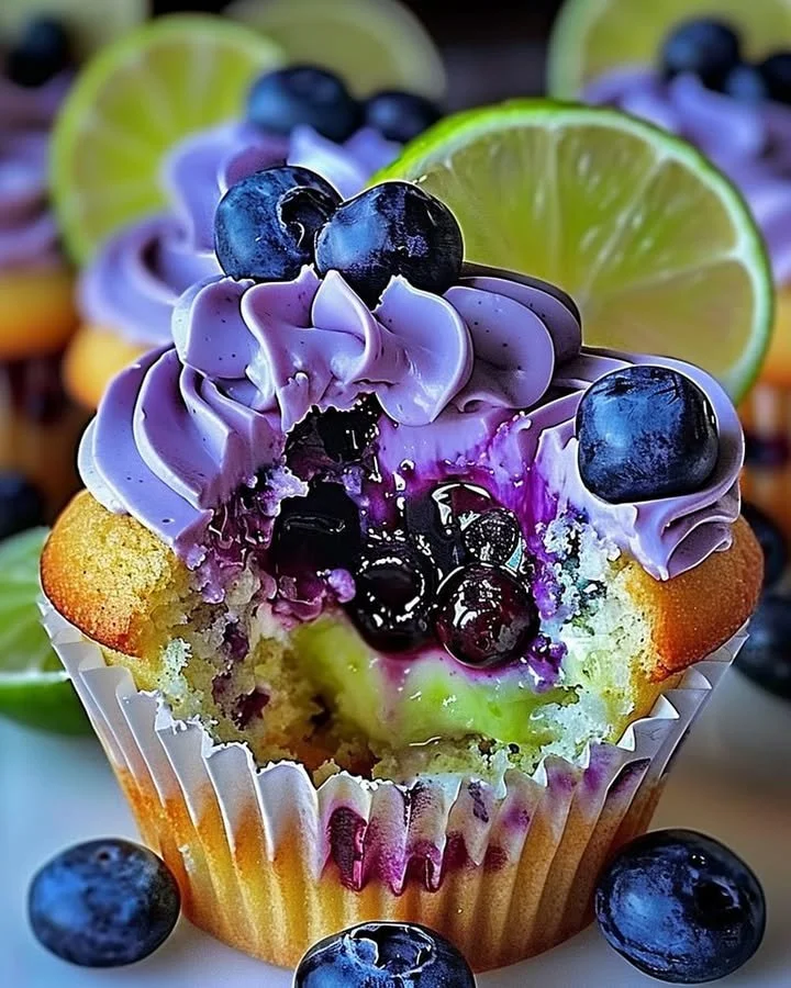 Blueberry lime cheesecake cupcakes topped with fresh blueberries and lime zest.
