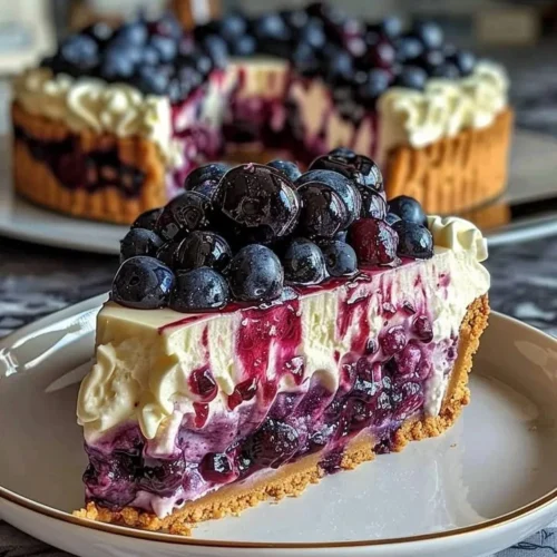 Delicious Blueberry Swirl Cheesecake with fresh blueberries on top