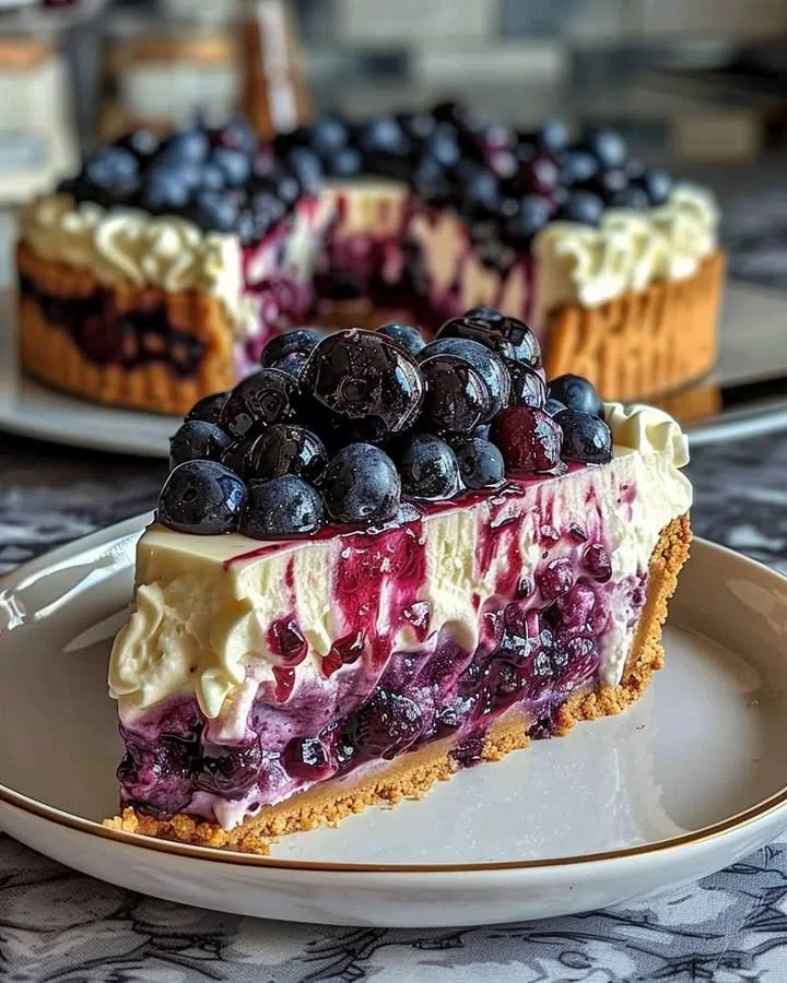 Delicious Blueberry Swirl Cheesecake with fresh blueberries on top