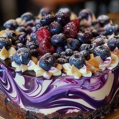 Delicious Blueberry Swirl Cheesecake with a creamy texture and fruity topping.