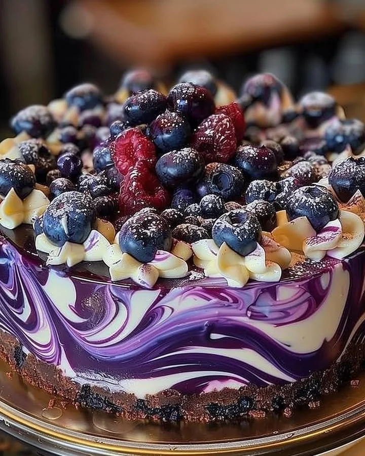 Delicious Blueberry Swirl Cheesecake with a creamy texture and fruity topping.
