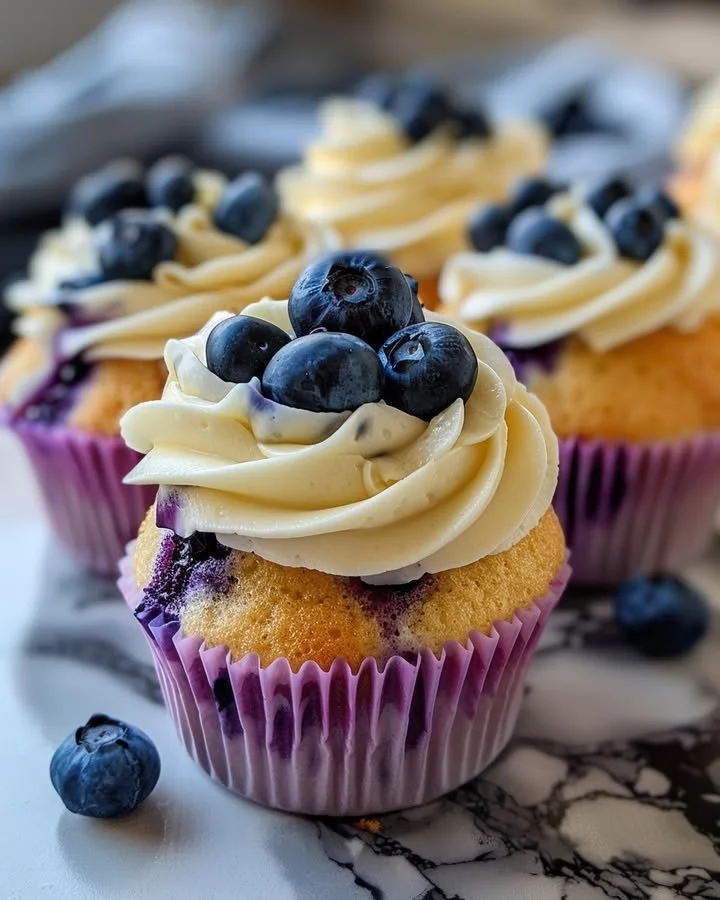 Delicious blueberry white chocolate cupcakes with frosting