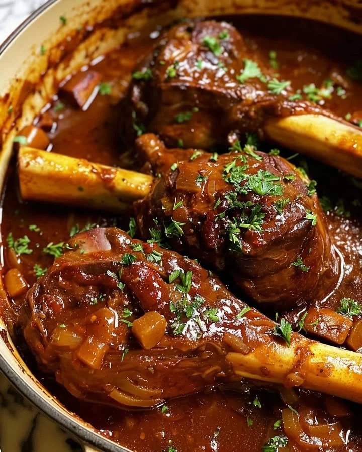 Deliciously braised lamb shanks served with vegetables on a plate.