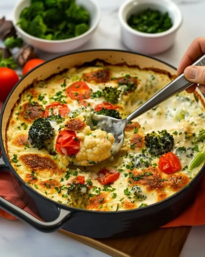 Creamy broccoli cauliflower dish garnished with herbs
