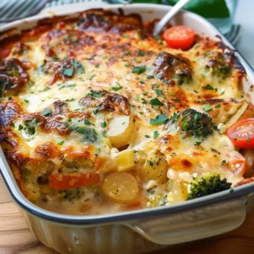 Delicious broccoli potato bake topped with cheese and baked until golden.