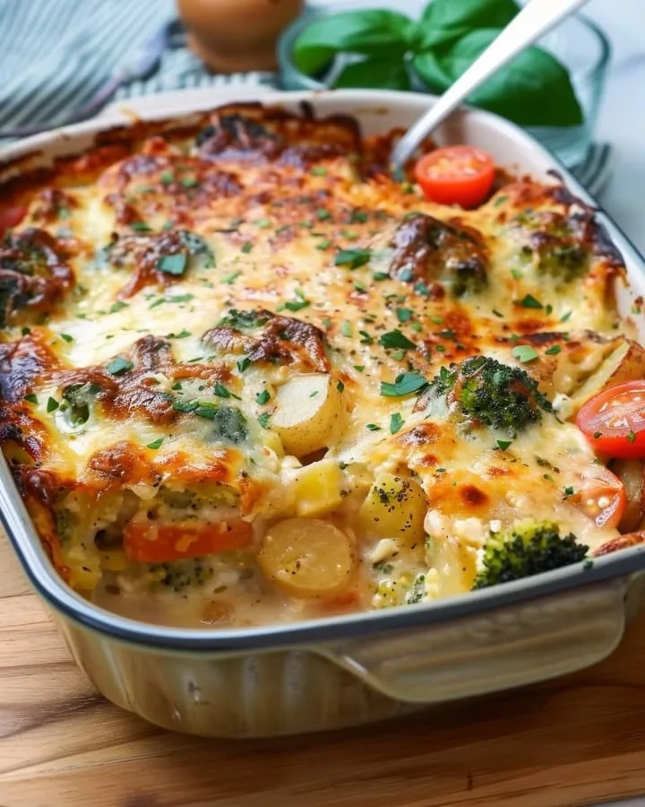 Delicious broccoli potato bake topped with cheese and baked until golden.