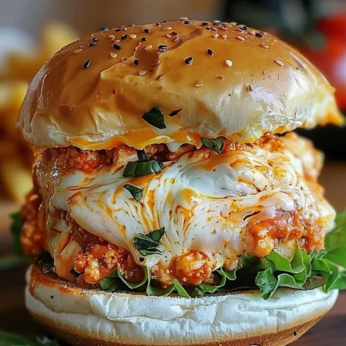 Delicious Buffalo Chicken Lasagna Burger topped with melted cheese and spicy sauce.